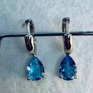 Petite teardrop blue topaz huggie earrings
